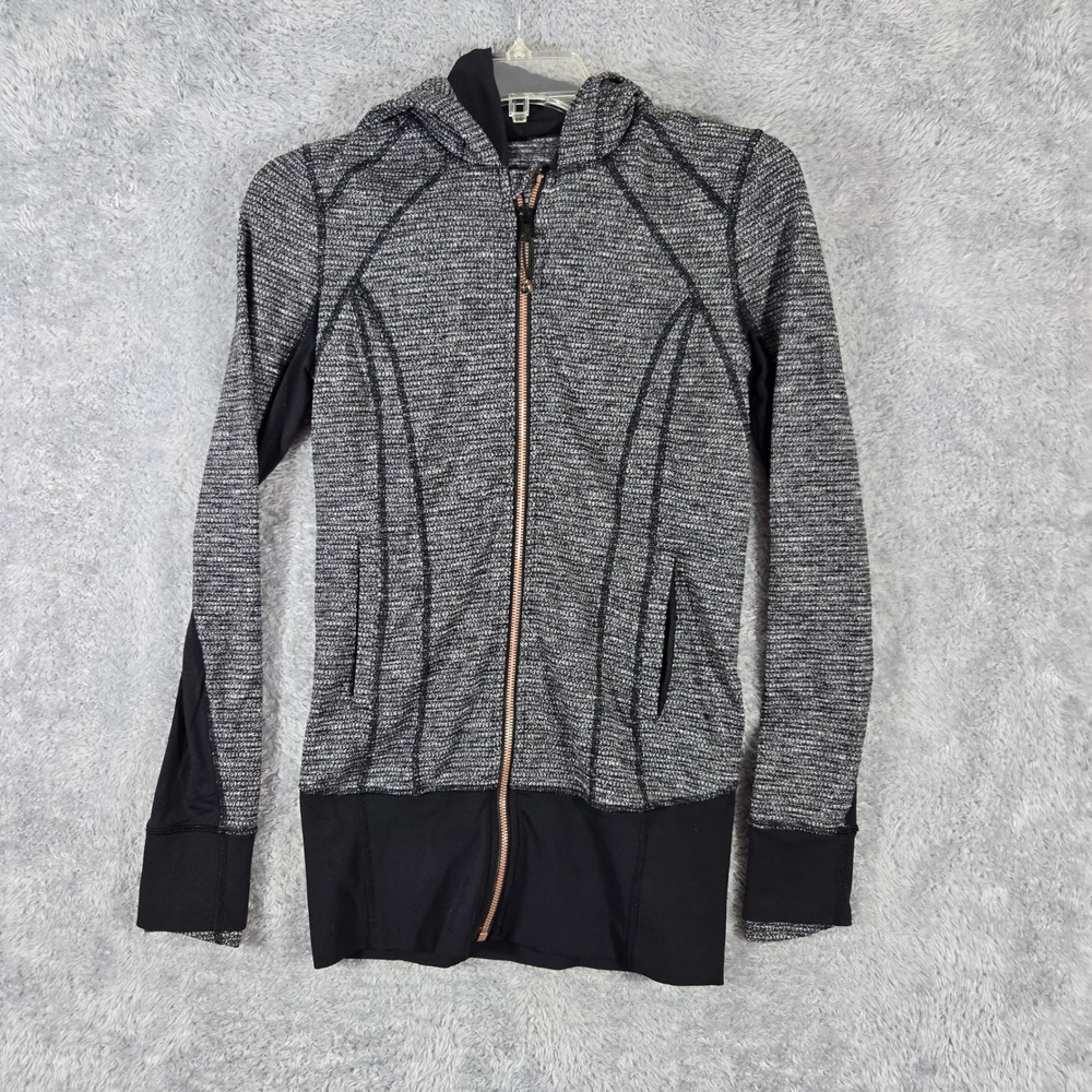 Lululemon Daily Practice Hoodie Grey Black Rose Textured Knit Jacket Womens Sz 4